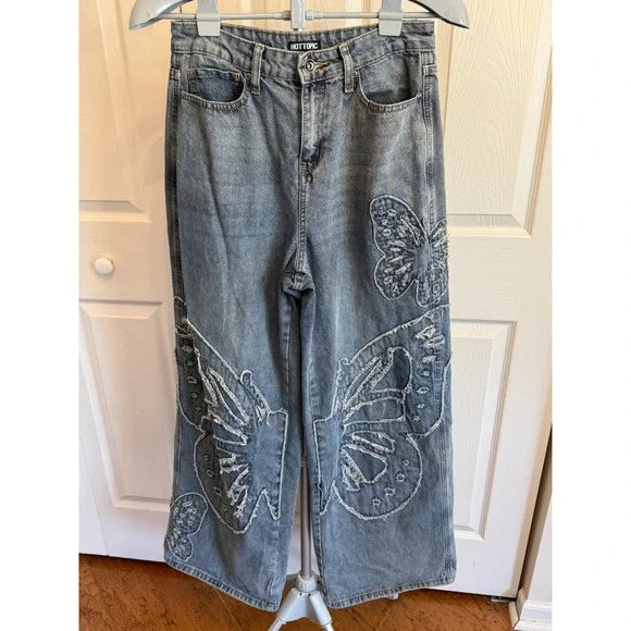 Hot Topic Womens Jeans Wide Leg Butterfly Applique Blue Wash Size 5 - Picture 1 of 11